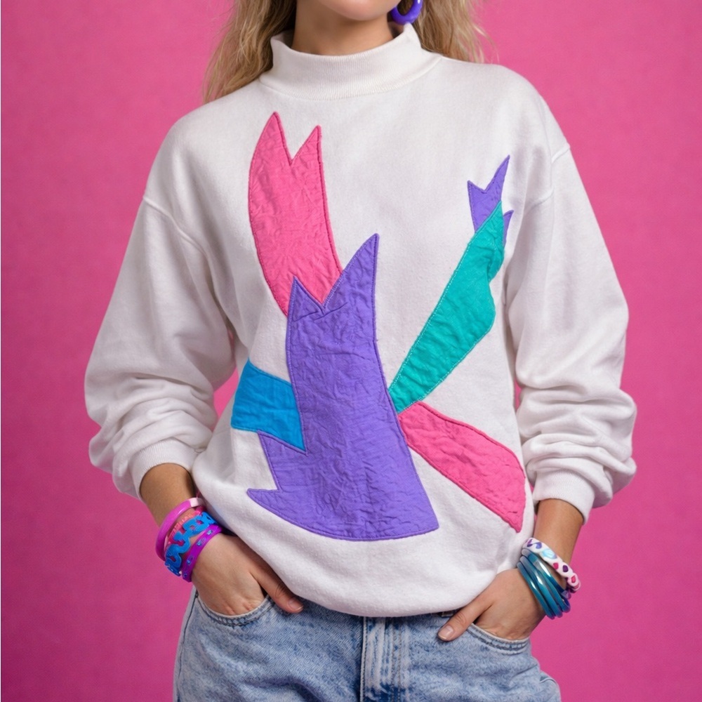 Vintage 80s 90s Abstract Appliqué Sweatshirt Goola Gong White Retro Graphic S
